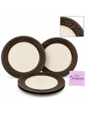 Cindy Crawford Metallic Bronze Hammer Rim Cream Ceramic Dinner Plates Set of 4